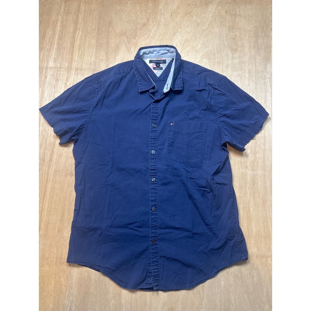 Tommy Hilfiger Mens Slim Fit Short Sleeve Button Down Shirt Navy Blue Large